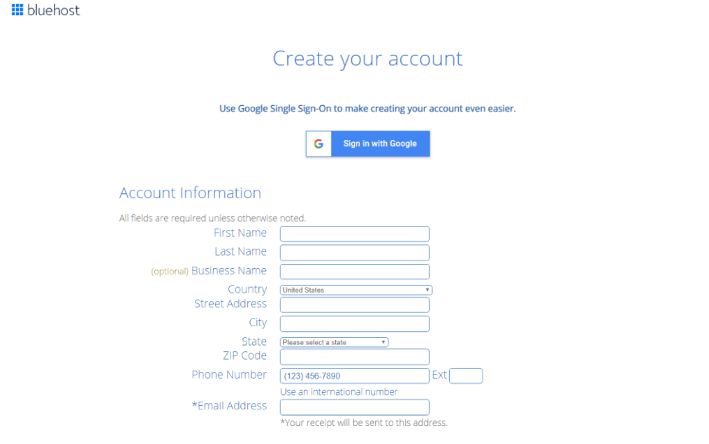 Create an account with BlueHost